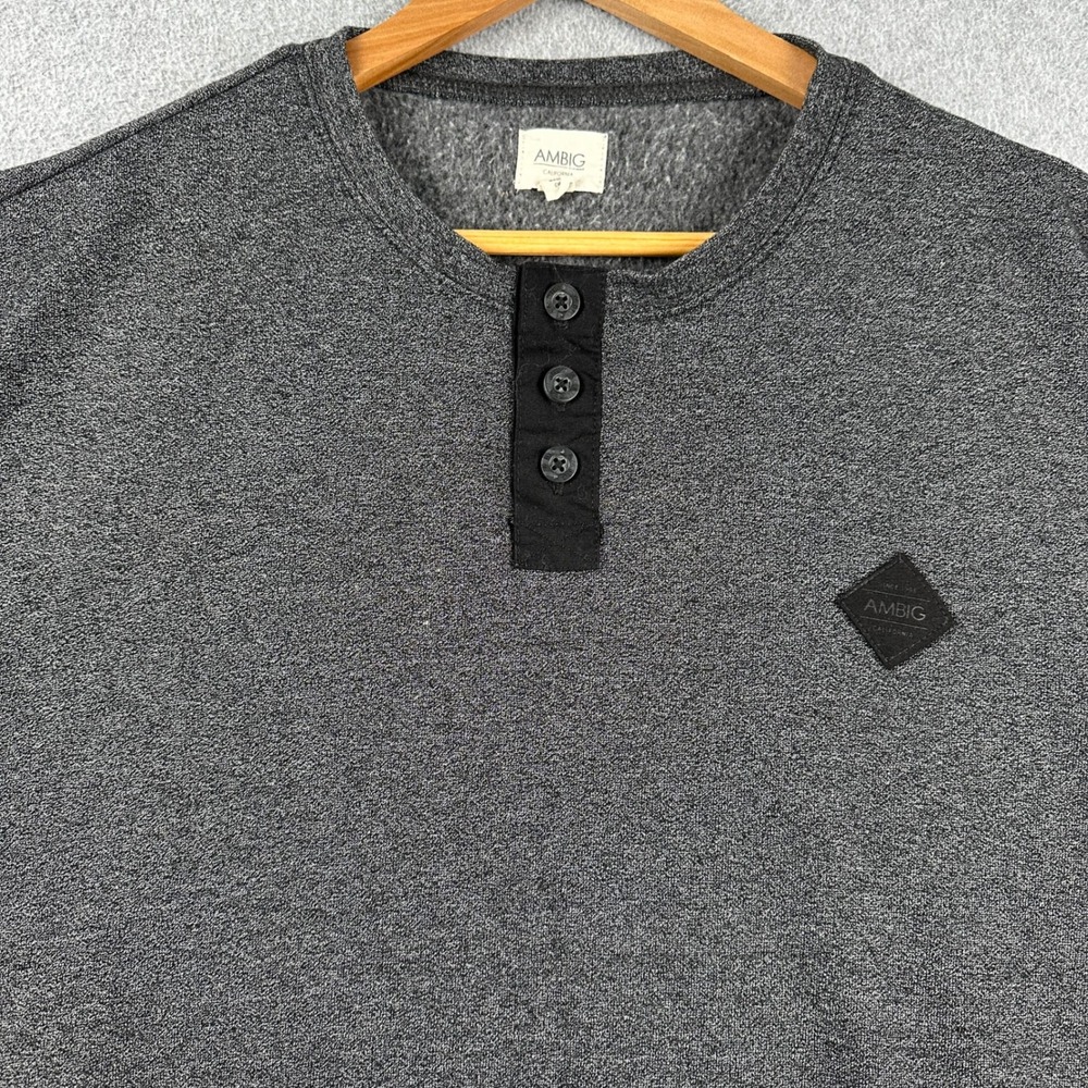 AMBIG Sweatshirt Mens L Gray Henley Button Fleece Lined Pullover